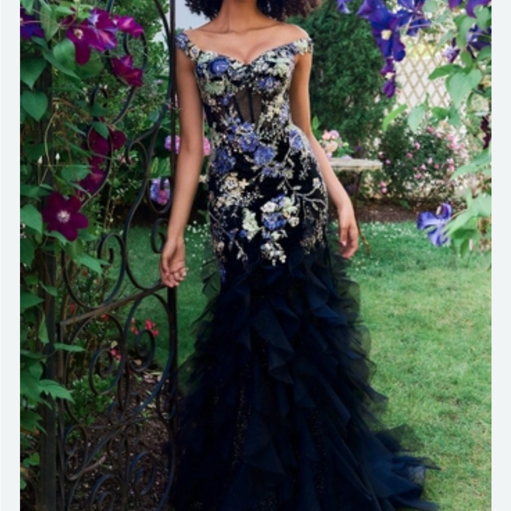 Mori Lee Black and Purple Floral Prom Dress